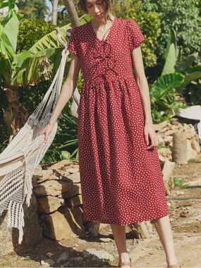 NWOT Not Perfect Linen Bianca Maxi Dress in Ruby Red Floral Size Medium Large